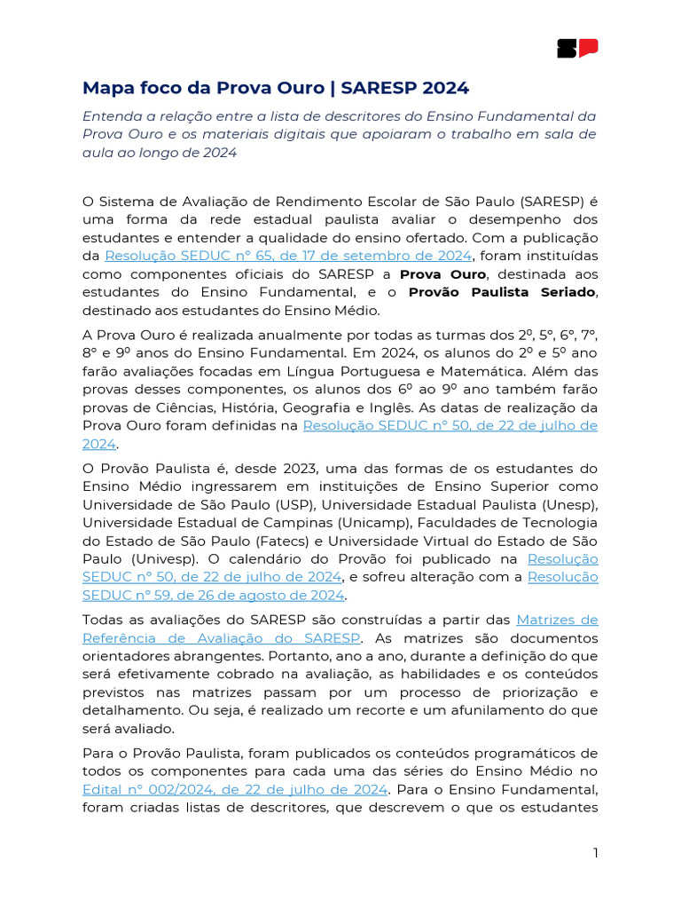 Mapa da Prova Ouro SARESP 2024 | PDF | Equações | Números