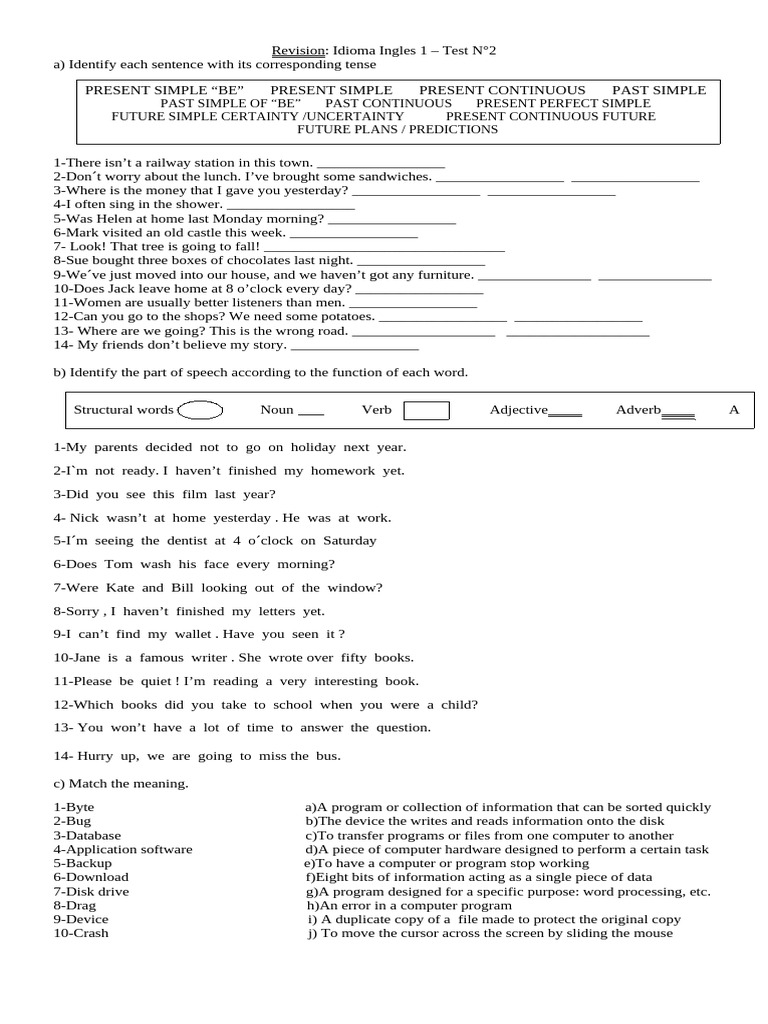 English Tenses and Parts of Speech Test | PDF | Computer Program ...