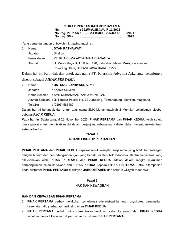 MoU Kerjasama Rekrutmen Karyawan | PDF