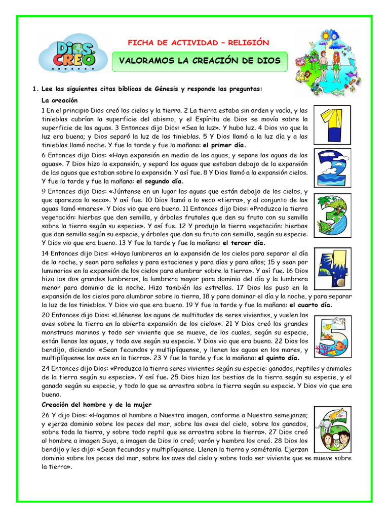 Ficha sobre la Creación de Dios | PDF | Tierra | Aves