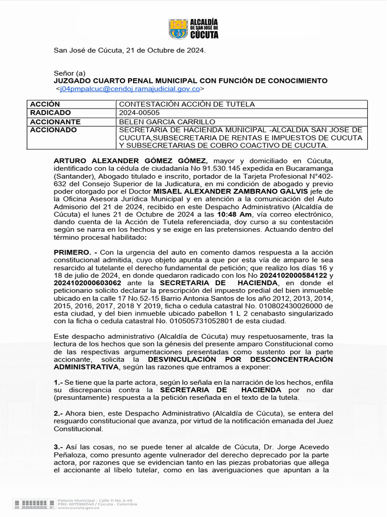 Contestación Acción de Tutela Cúcuta | PDF | Abogado | Documento de ...