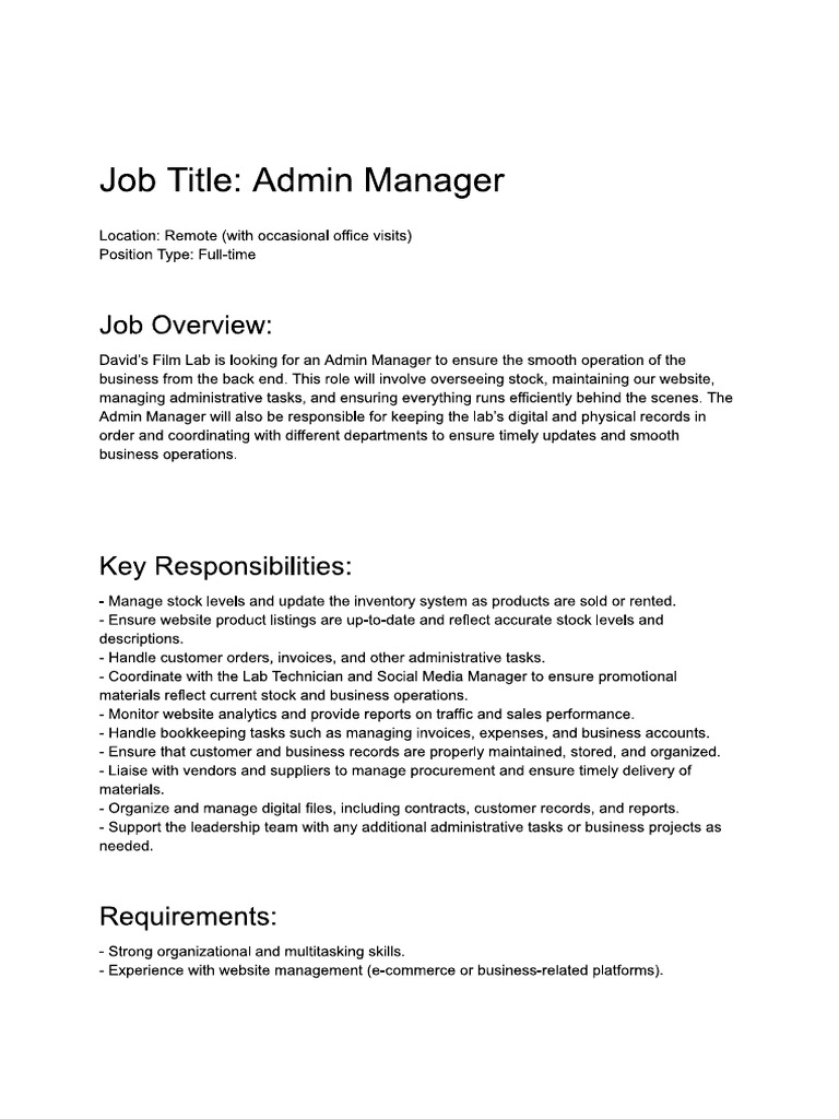 Admin Manager JD | PDF