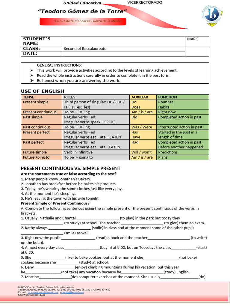 English Tenses Practice Worksheet | PDF