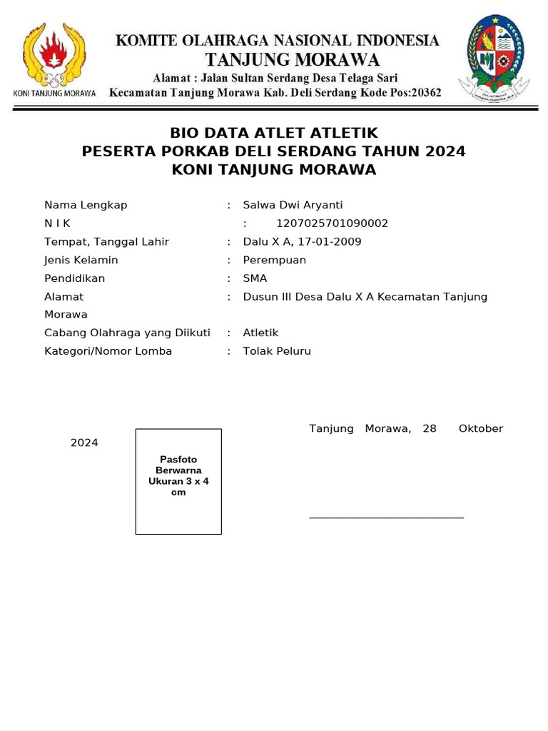 Bio Data Atletik Porkab Deli Serdang 2024 | PDF