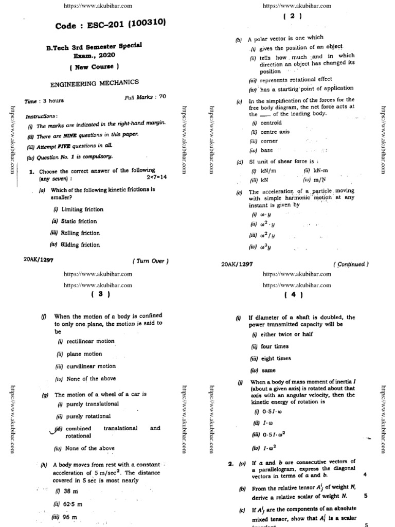 Btech 3 Sem Engineering Mechanics 100310 2020 | PDF