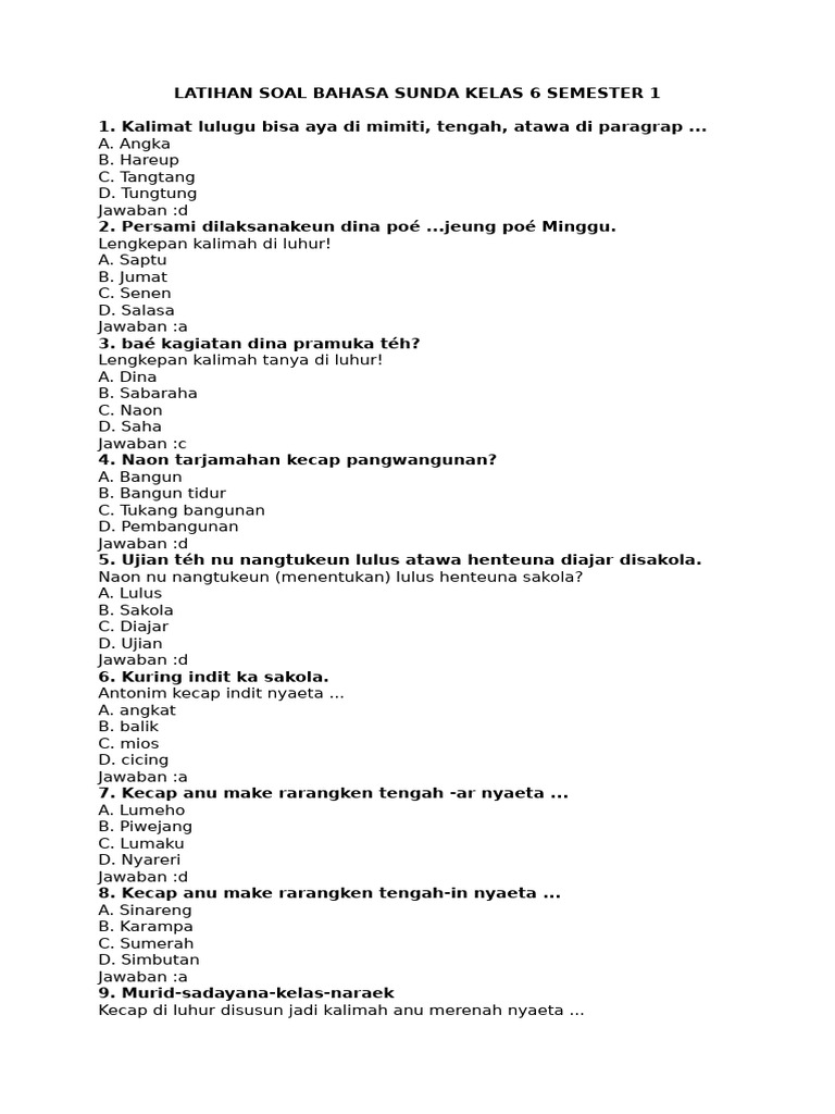 <p><strong>Contoh Soal UAS Basa Sunda Kelas 6 SD Semester 1</strong></p>
<p>” title=”</p>
<p><strong>Contoh Soal UAS Basa Sunda Kelas 6 SD Semester 1</strong></p>
<p>“></p>
<p>Artikel ini dirancang untuk memberikan gambaran komprehensif mengenai jenis-jenis soal yang mungkin dihadapi siswa dalam UAS Bahasa Sunda kelas 6 SD semester 1. Selain contoh soal, akan disertakan pula penjelasan singkat mengenai materi yang diujikan, serta strategi jitu untuk menjawab soal agar mendapatkan hasil maksimal.</p>
<p><strong>Outline Artikel:</strong></p>
<ol>
<li><strong>Pendahuluan</strong>
<ul>
<li>Pentingnya Bahasa Sunda</li>
<li>Tujuan Artikel</li>
</ul>
</li>
<li><strong>Materi Pokok yang Diujikan</strong>
<ul>
<li>Aksara Sunda (Palaksa)</li>
<li>Tata Basa (Sorangan, Kecap, Kalimah)</li>
<li>Kawih dan Pupuh Sederhana</li>
<li>Cerita Rakyat (Sunda)</li>
<li>Unggah-ungguh Basa</li>
</ul>
</li>
<li><strong>Contoh Soal UAS Bahasa Sunda Kelas 6 SD Semester 1</strong>
<ul>
<li>Bagian I: Pilihan Ganda
<ul>
<li>Soal 1-5: Aksara Sunda</li>
<li>Soal 6-10: Tata Basa (Kosakata, Kalimat)</li>
<li>Soal 11-15: Kawih/Pupuh</li>
<li>Soal 16-20: Cerita Rakyat</li>
<li>Soal 21-25: Unggah-ungguh Basa</li>
</ul>
</li>
<li>Bagian II: Isian Singkat
<ul>
<li>Soal 26-30: Identifikasi Kata/Kalimat</li>
<li>Soal 31-35: Menulis Aksara Sunda</li>
</ul>
</li>
<li>Bagian III: Uraian Singkat
<ul>
<li>Soal 36-40: Menjelaskan Makna, Membuat Kalimat, Menceritakan Kembali</li>
</ul>
</li>
</ul>
</li>
<li><strong>Pembahasan dan Kunci Jawaban</strong>
<ul>
<li>Pembahasan Soal Pilihan Ganda</li>
<li>Pembahasan Soal Isian Singkat</li>
<li>Pembahasan Soal Uraian Singkat</li>
<li>Kunci Jawaban</li>
</ul>
</li>
<li><strong>Tips Menjawab Soal UAS Bahasa Sunda</strong>
<ul>
<li>Membaca Soal dengan Teliti</li>
<li>Mengulang Materi</li>
<li>Memahami Konteks</li>
<li>Manajemen Waktu</li>
<li>Menulis dengan Jelas</li>
</ul>
</li>
<li><strong>Penutup</strong>
<ul>
<li>Evaluasi dan Refleksi</li>
<li>Motivasi Belajar</li>
</ul>
</li>
</ol>
<div style=
