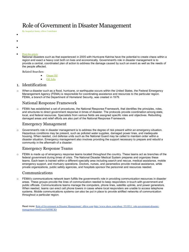 Disaster Management Role Of Government | Pdf | Emergency Management |  Federal Emergency Management Agency