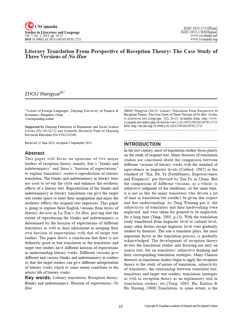 Literary Translation From Perspective of Reception Theory The Case ...