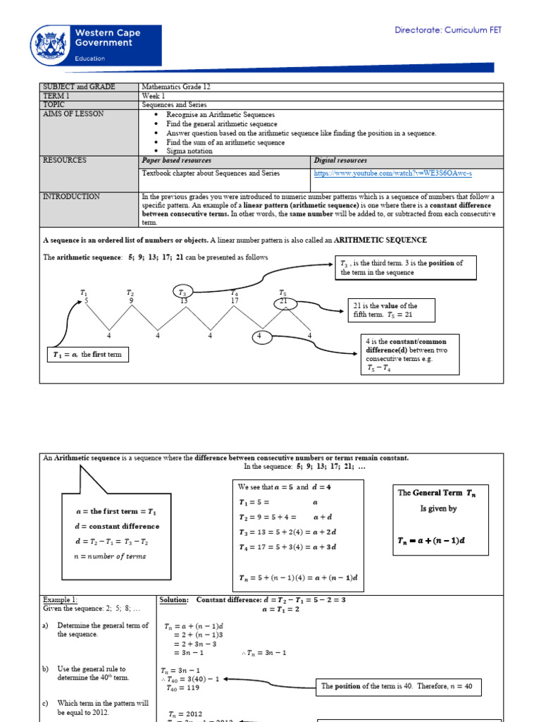 Grade 12 Mathematics: Sequences & Series | PDF | Summation | Sequence