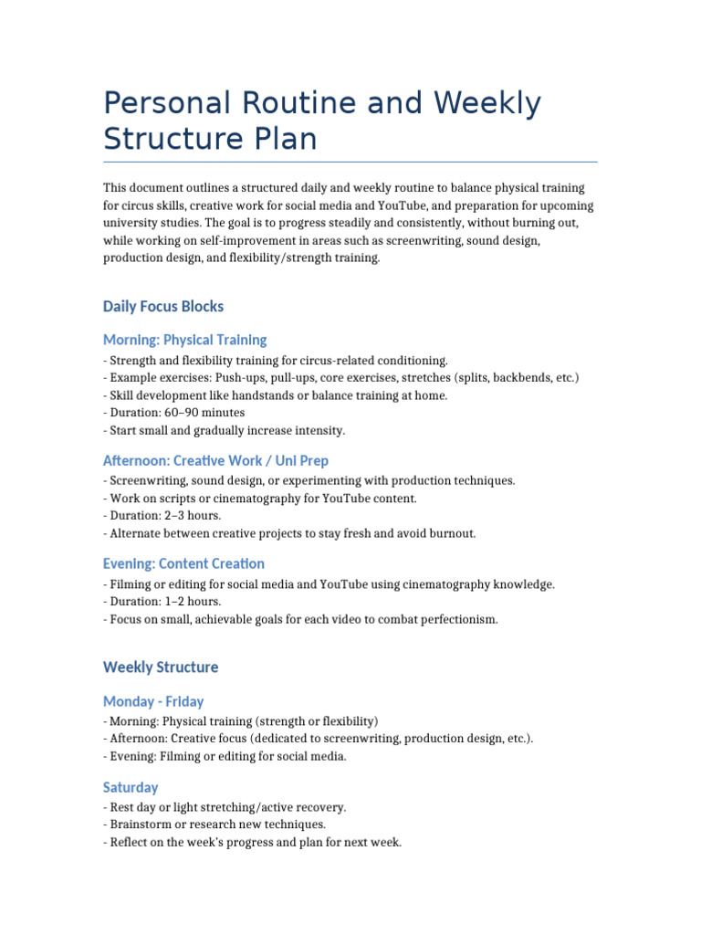Personal Routine and Weekly Structure | PDF | Physical Fitness | You Tube