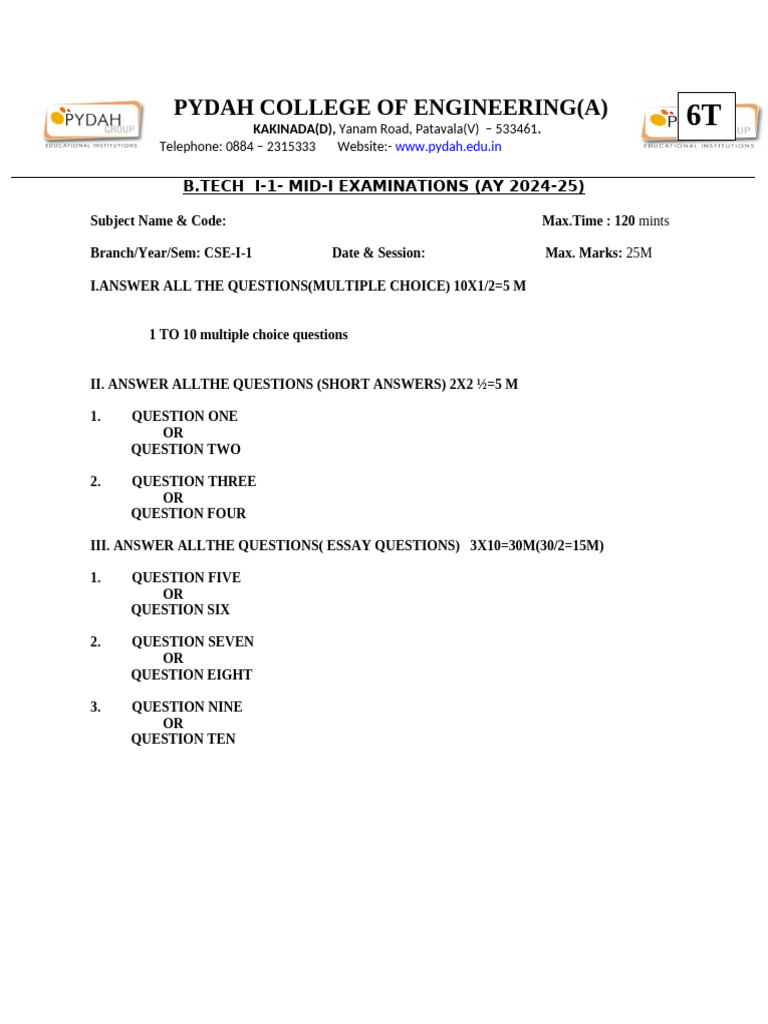 B.Tech CSE Mid-I Exam Paper 2024-25 | PDF