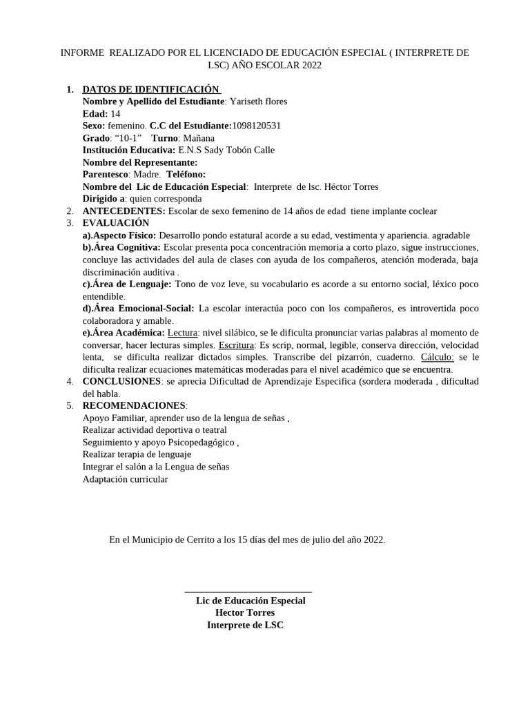 Informe Inicial 2022 | PDF | Educación especial | Aprendizaje