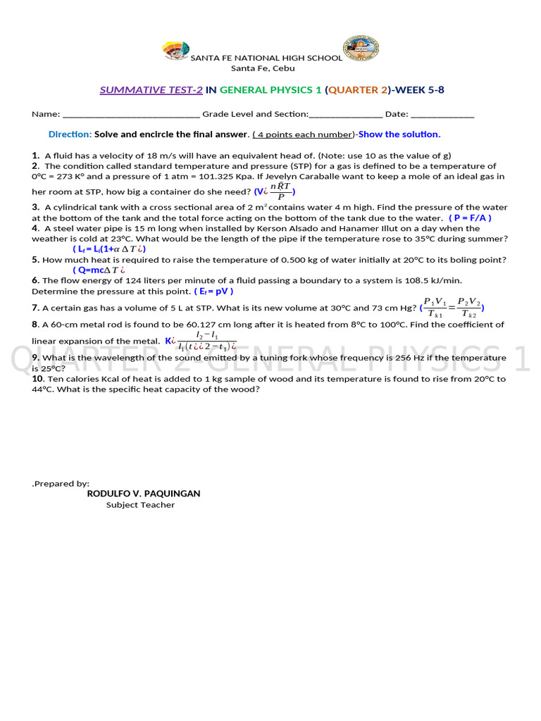 Second Quarter 2ND Summative Test in Gen Physics 1-Week 5-8-Dec.15 ...