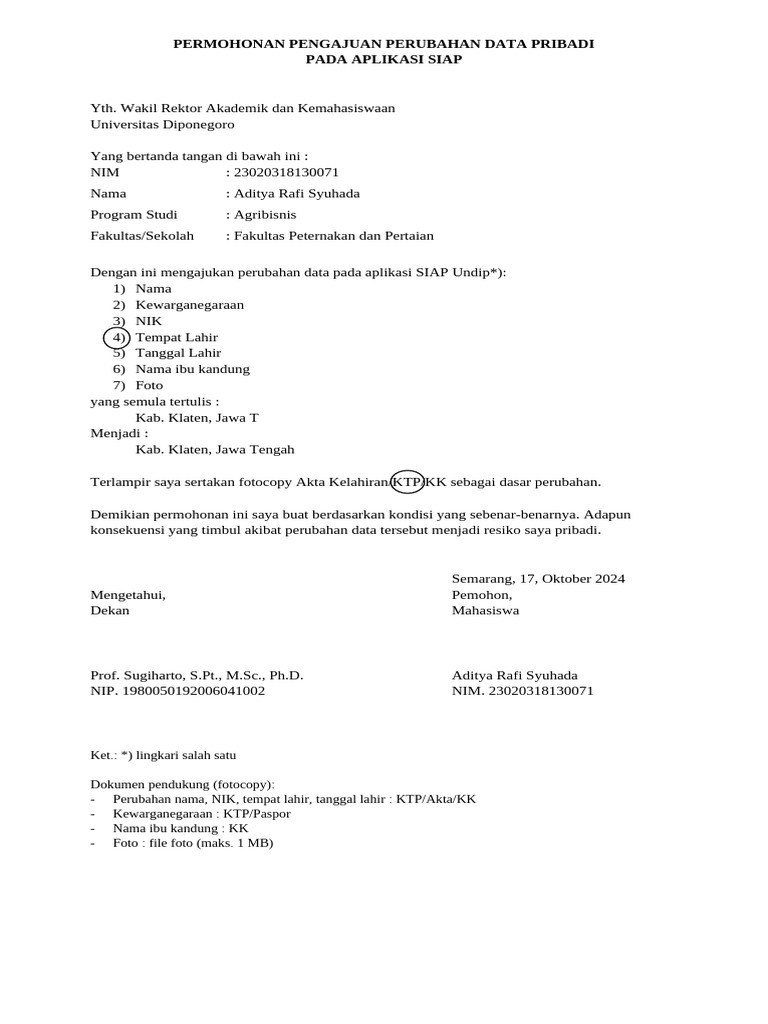 Form-Pengajuan-Perubahan-Data-Pribadi-pada-SIAP Rafi | PDF