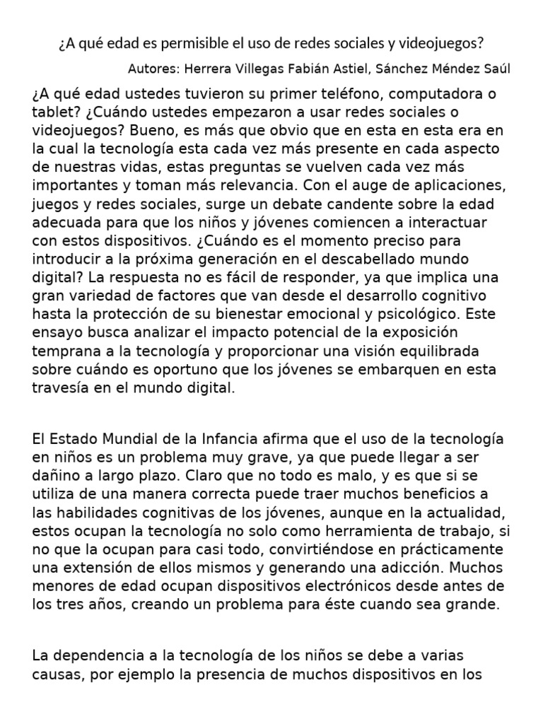 ¿A Qué Edad Es Permisible El Uso de Redes Sociales y Videojuegos? | PDF ...