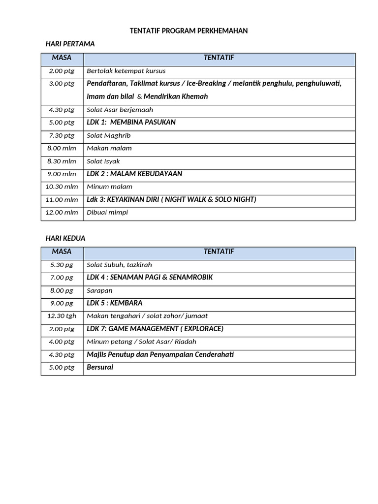 Tentatif Program Perkhemahan 2023 | PDF