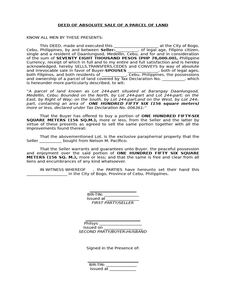 Sample Deed-of-Sale | PDF | Natural Resources Law | Civil Law (Common Law)
