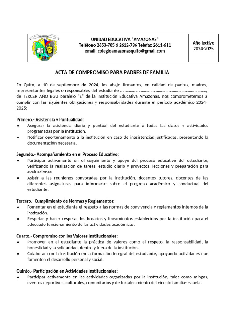Acta de Compromiso Padres de Familia | PDF | Institución