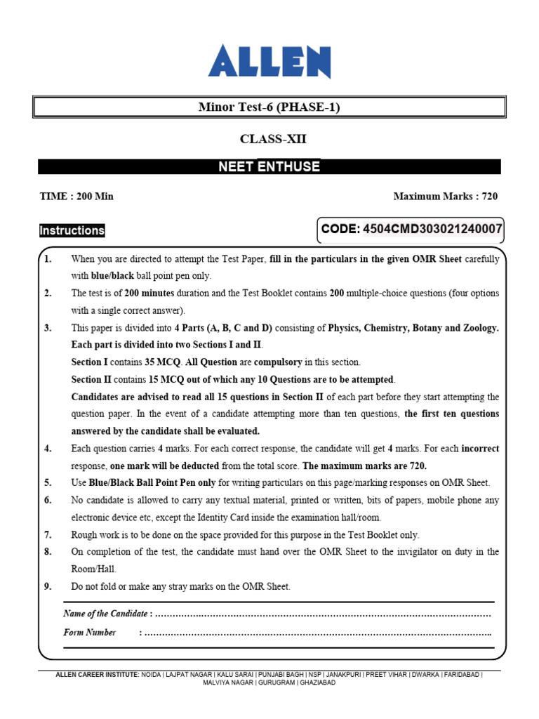 NEET Phase-1 Minor Test-6 Class XII | PDF | Mirror | Organic Chemistry