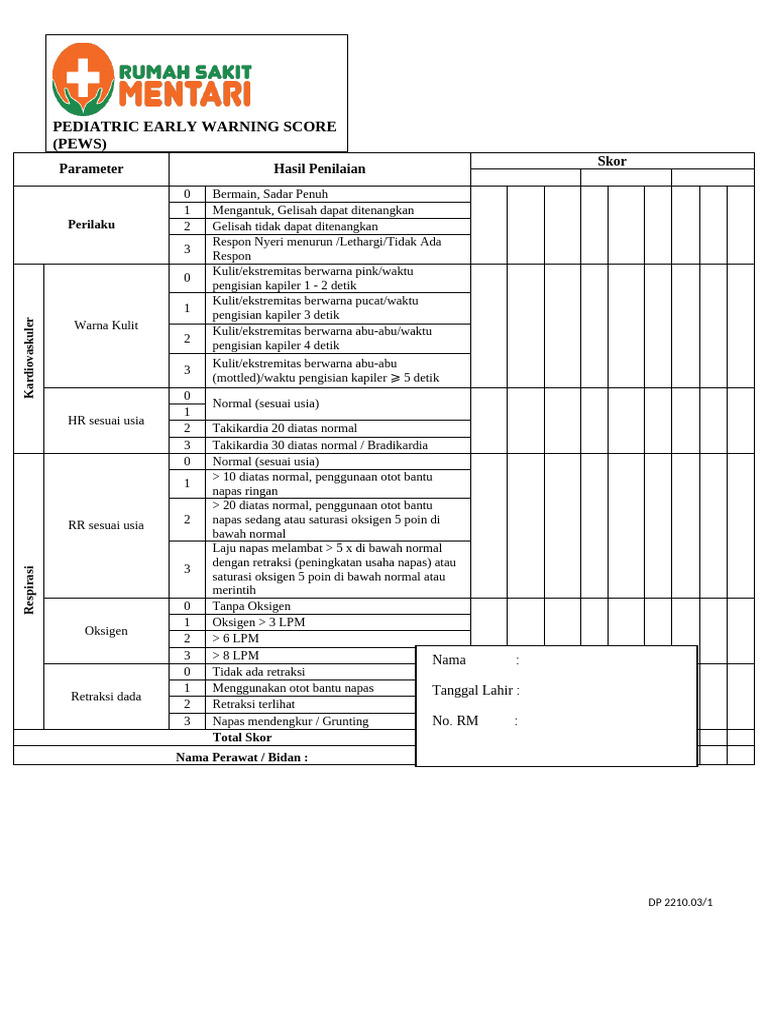 Skor PEWS untuk Anak: Panduan Penilaian | PDF