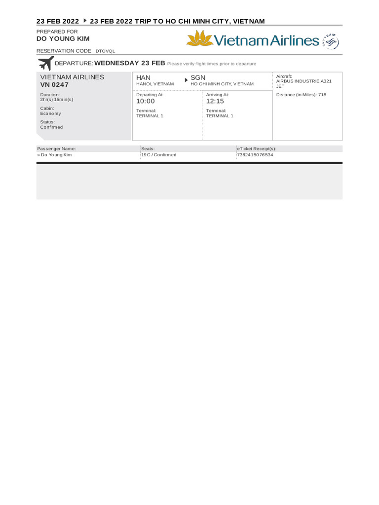 Vietnam Airlines Flight Itinerary: HAN to SGN | PDF