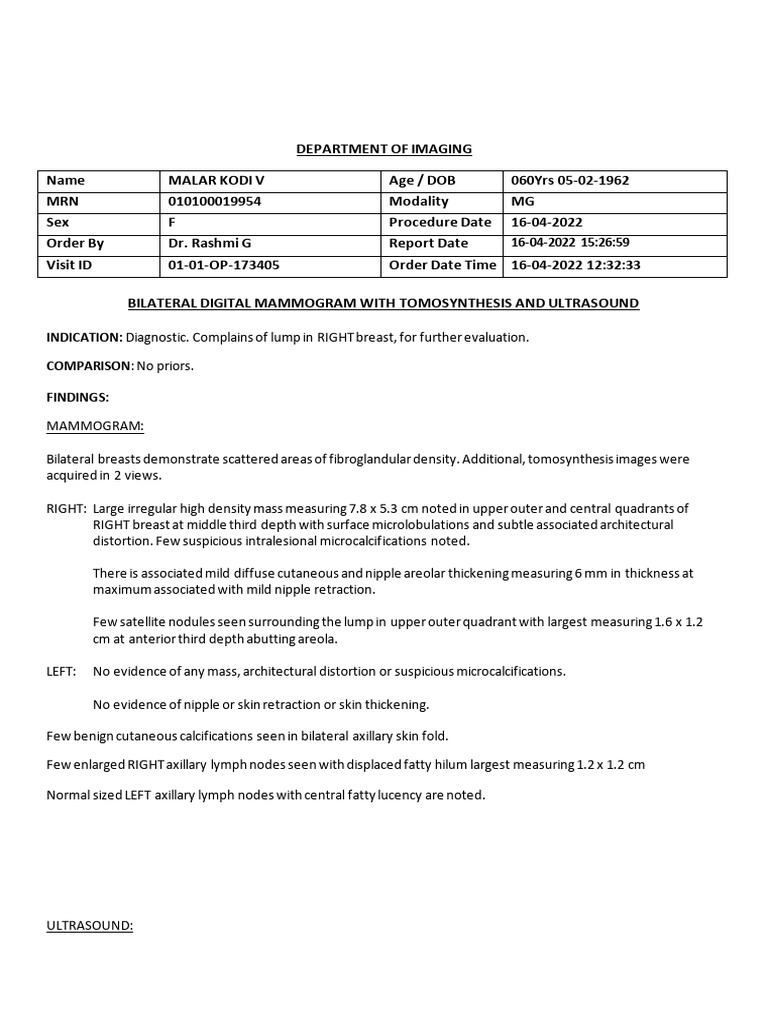 Mammogram Report of Malar Kodi | PDF | Mammography | Nipple