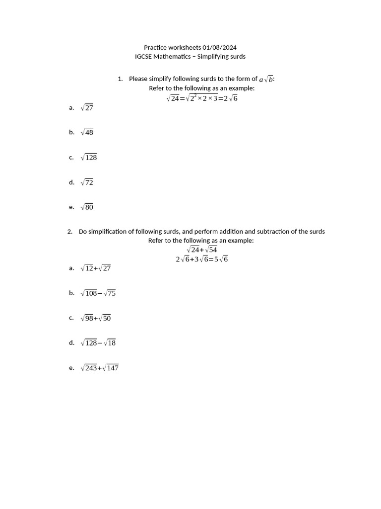 IGCSE Math: Simplifying Surds Worksheets | PDF