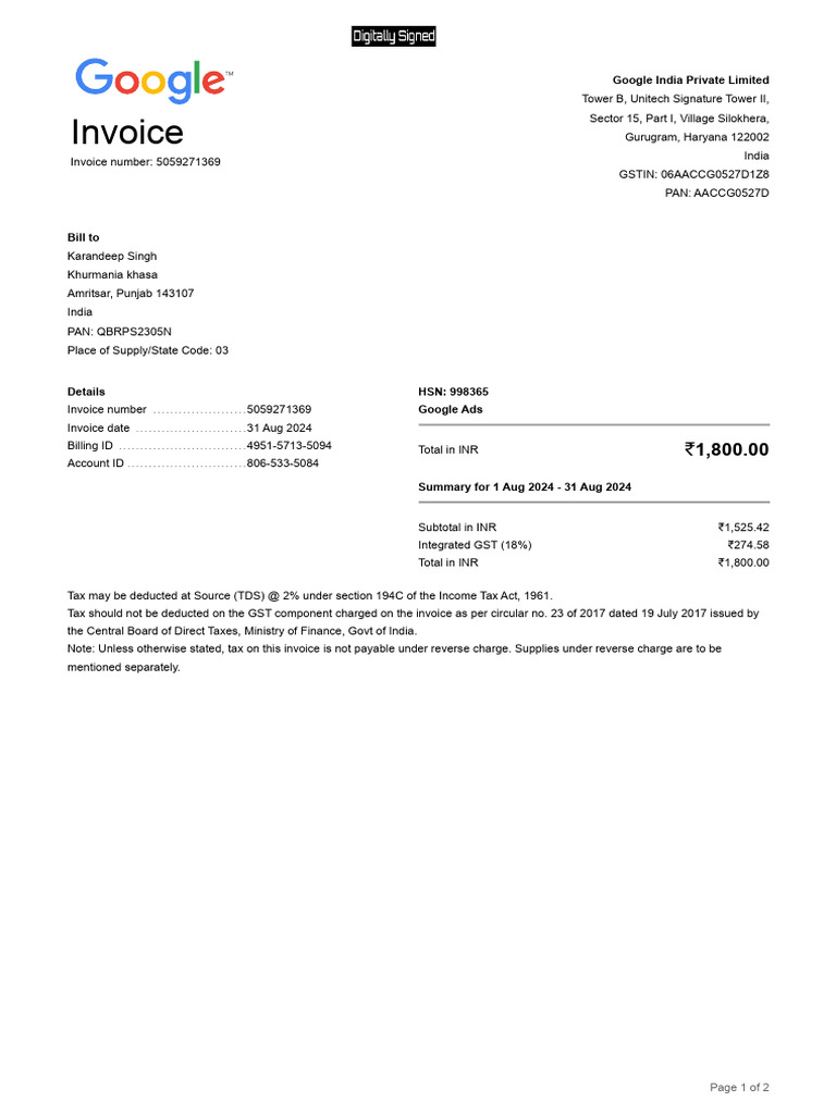 Invoice: Google India Private Limited | PDF | Invoice | Taxes