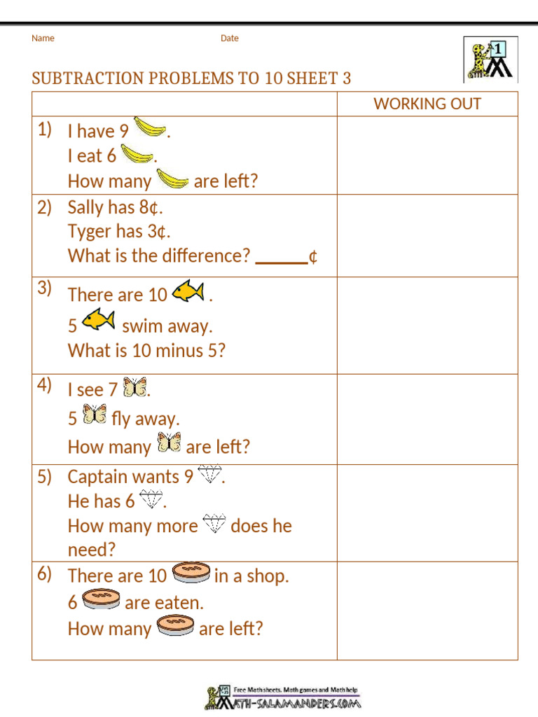 Subtraction Problems To 10 3 | PDF | Language Arts & Discipline ...