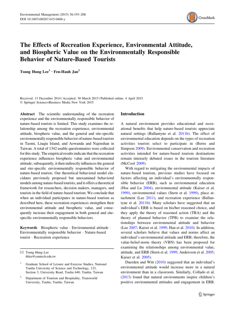 Lee.2015.the Effects of Recreation Experience, Environmental Attitude ...