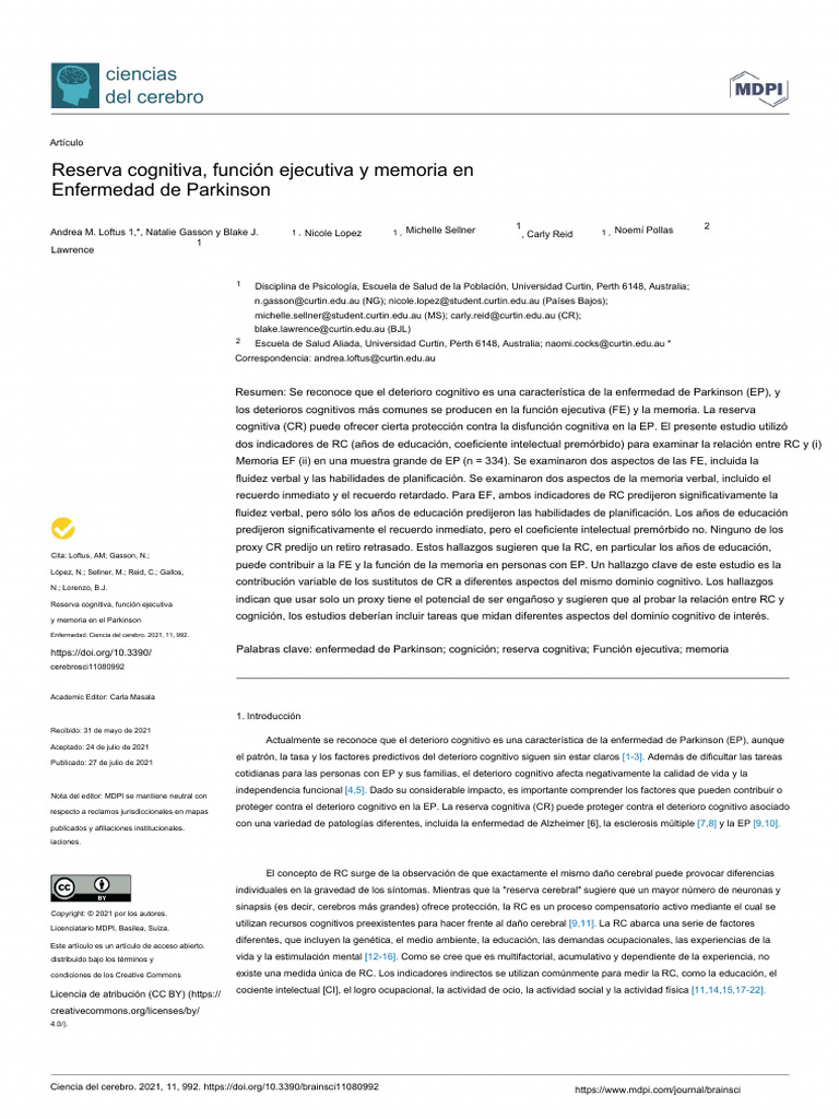 Cognitive Reserve, Executive Function, and Memory in Español | PDF ...