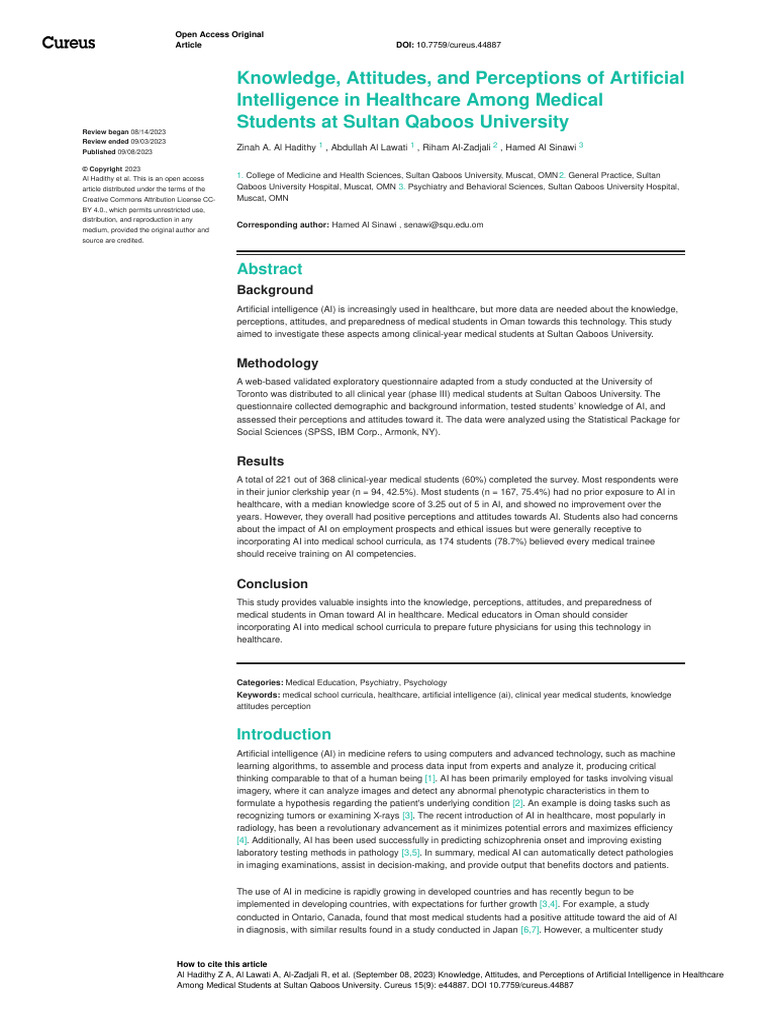 Knowledge Attitudes and Perceptions of Artificial | PDF | Artificial ...