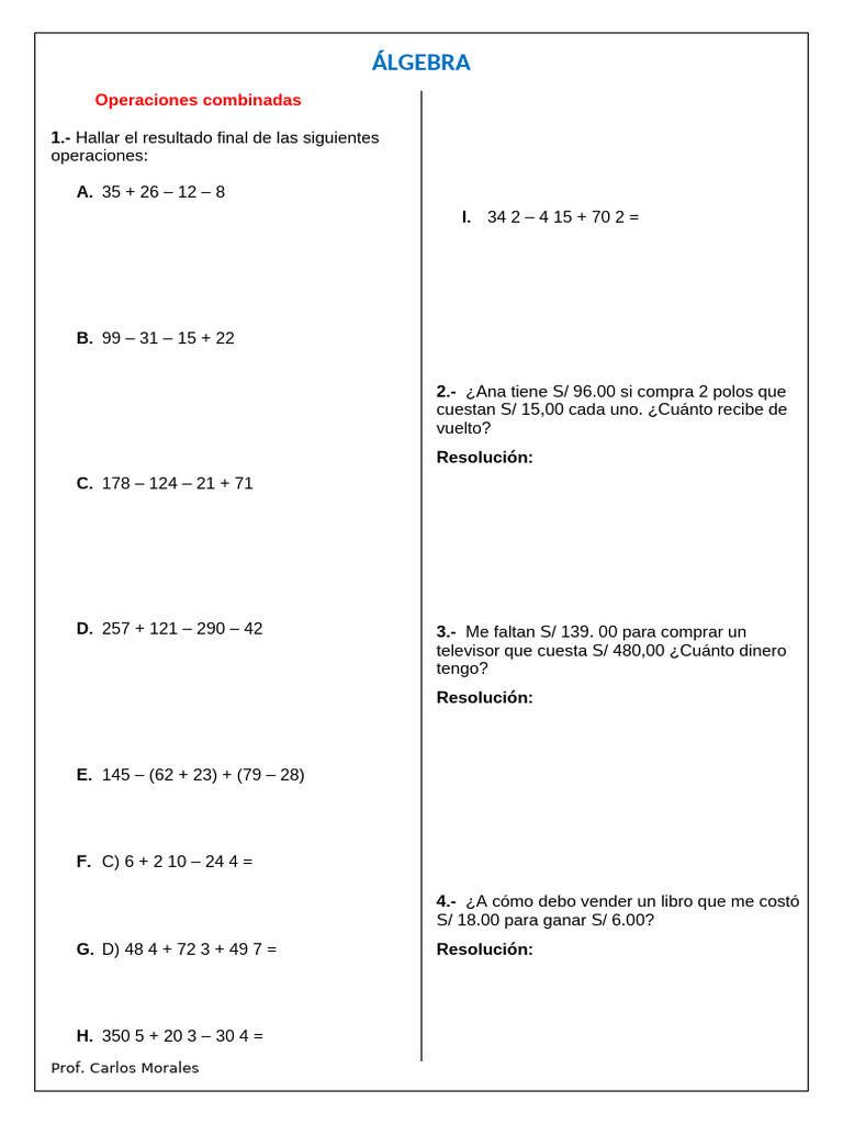 Operaciones Combinadas para 3ero Primaria | PDF