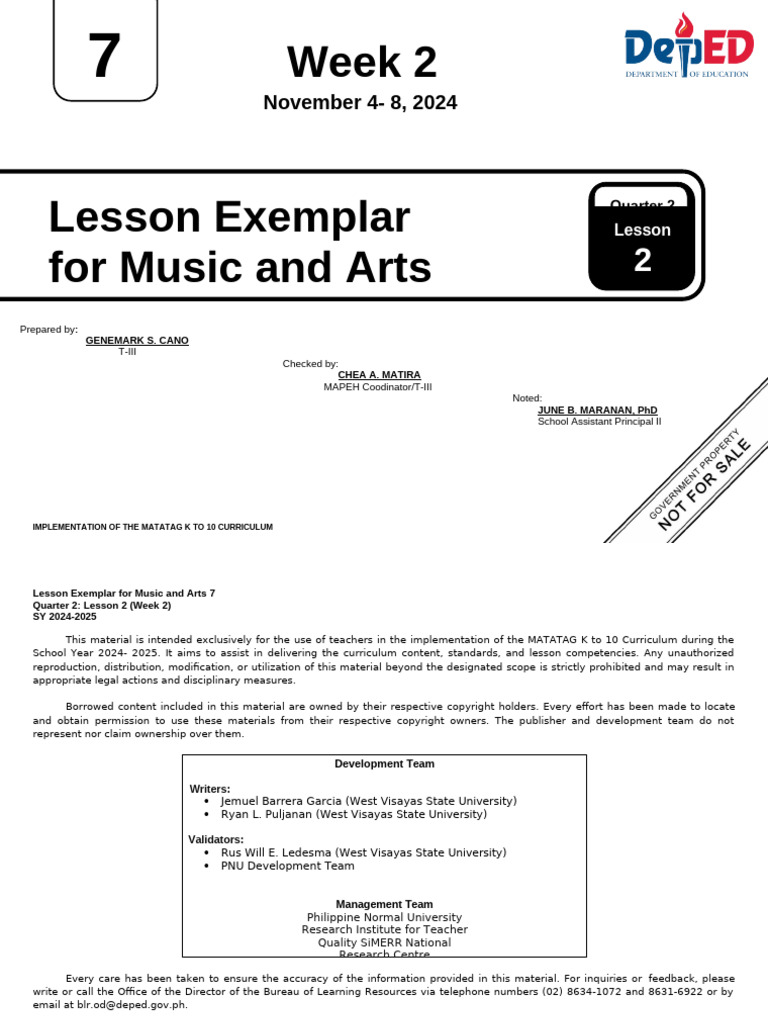 Music and Arts 7: Week 2 Lesson Plan | PDF