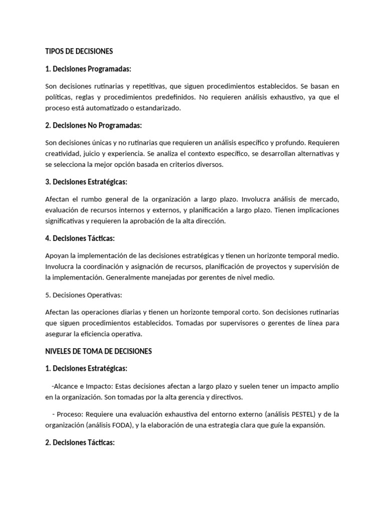 Tipos y Niveles de Decisiones Empresariales | PDF | Toma de decisiones ...