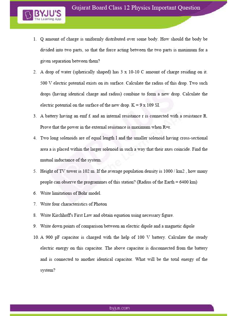 12th Physics Important Questions PDF | PDF | Capacitor | Inductance