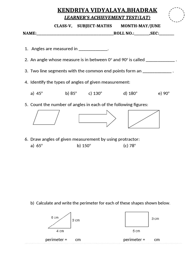 Class V Maths Learner's Achievement Test | PDF