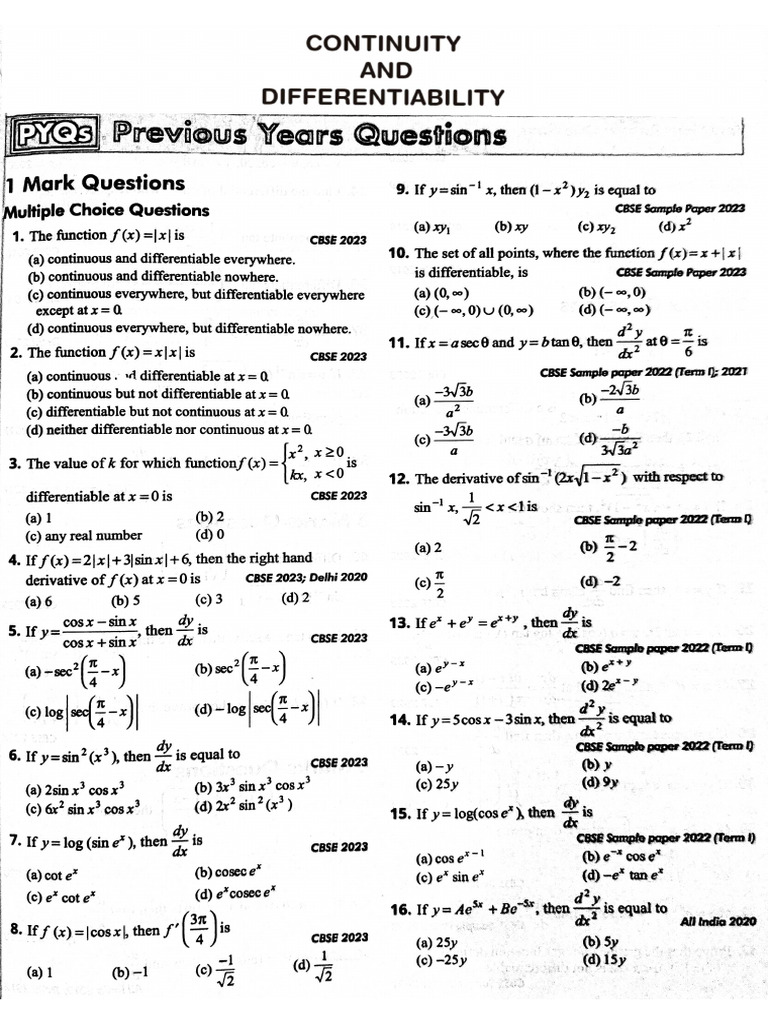 Continuity and Differentiability Pyq 2 | PDF