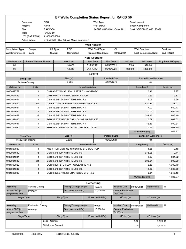 RAKID-50 Well Completion Report | PDF | Casing (Borehole) | Geodesy