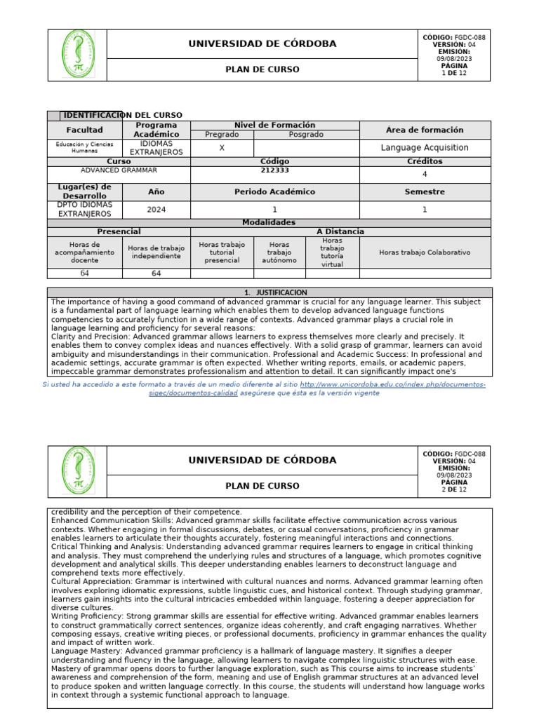 Advanced Grammar Course Plan 2024 Pdf Linguistics Learning
