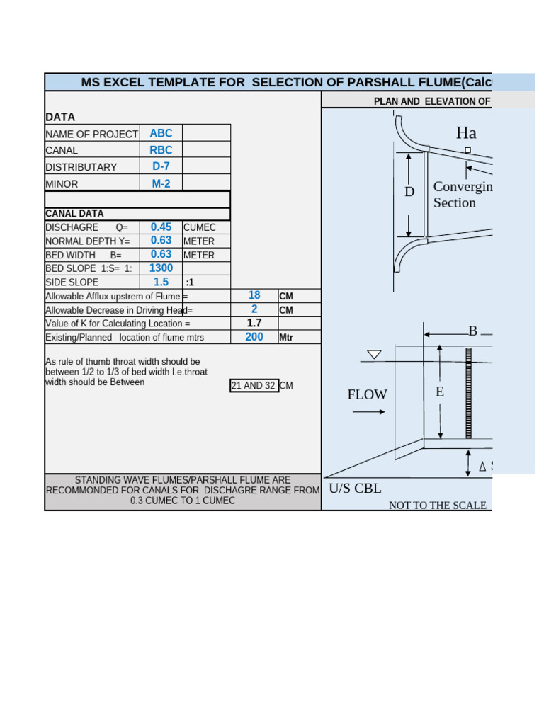 Parshall Flume Selection Excel Template | PDF | Chemical Engineering