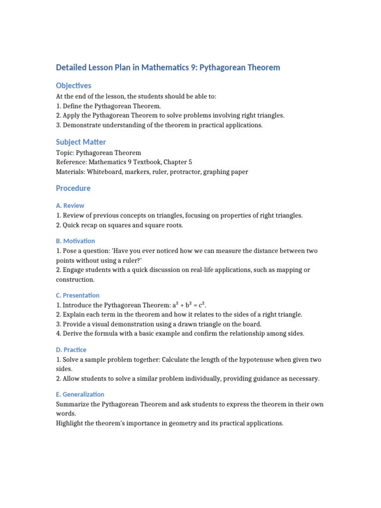 Deatailed Lesson Plan Pythagorean Theorem | PDF | Teaching Methods ...