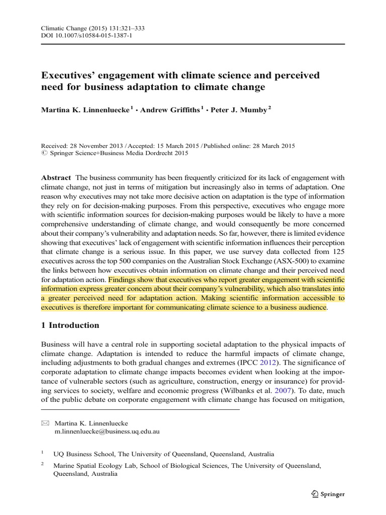 Executives' Engagement With Climate Change and Business Adaptation ...