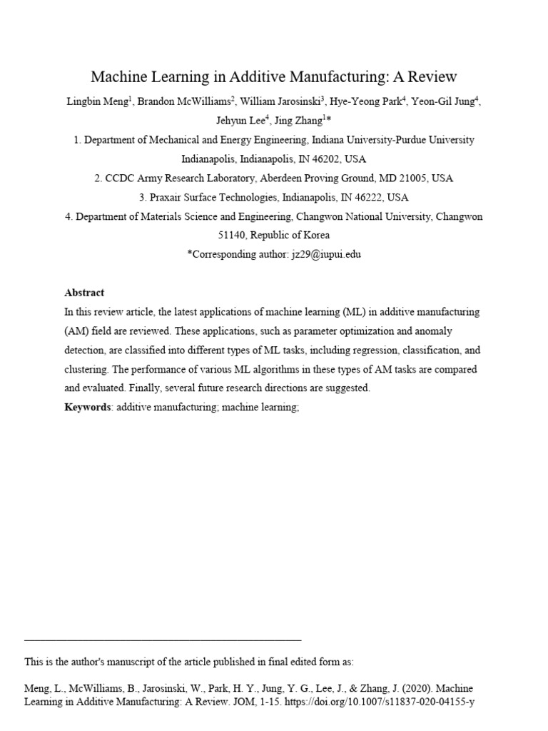 Machine Learning in Additive Manufacturing A Review 3i7yvrpj2j | PDF ...