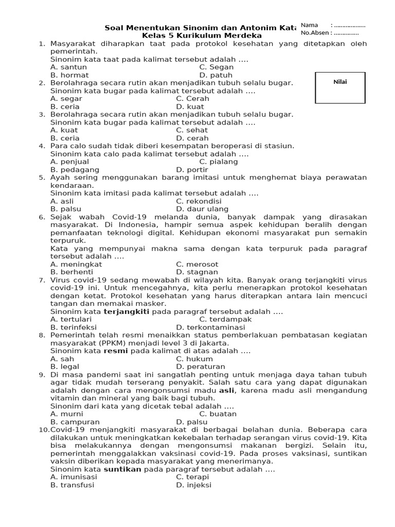 Soal Menentukan Sinonim Dan Antonim Kata | PDF