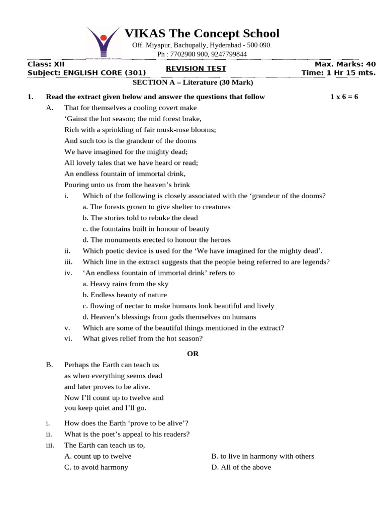 English Core Class XII Revision Test | PDF | Social Science