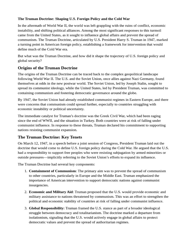 The Truman Doctrine: Shaping U.S. Foreign Policy and The Cold War | PDF ...