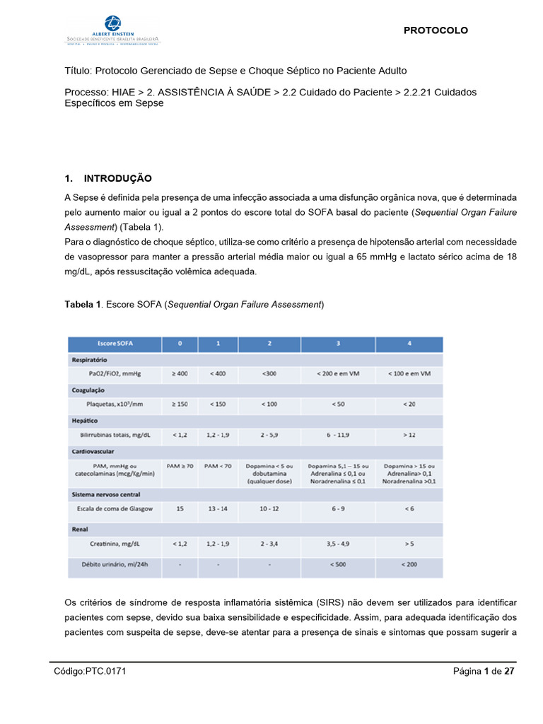 Protocolo de Sepse e Choque Séptico | PDF | Sepse | Causas de morte