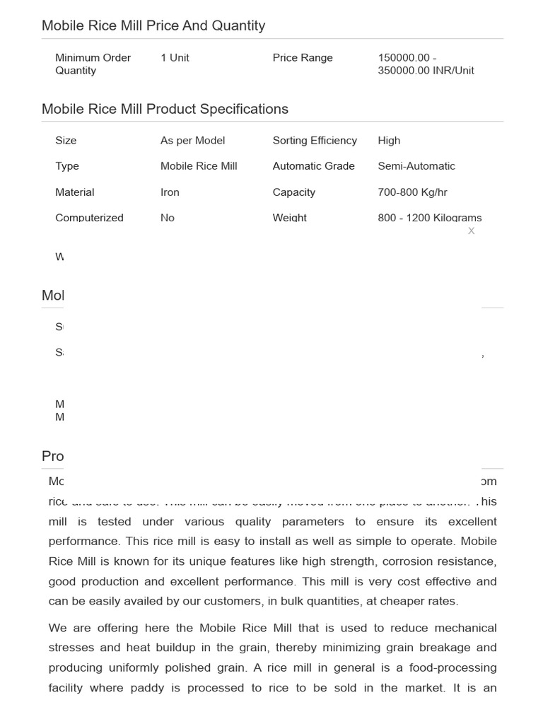 Mobile Rice Mill Pricing and Specs | PDF | Technology & Engineering