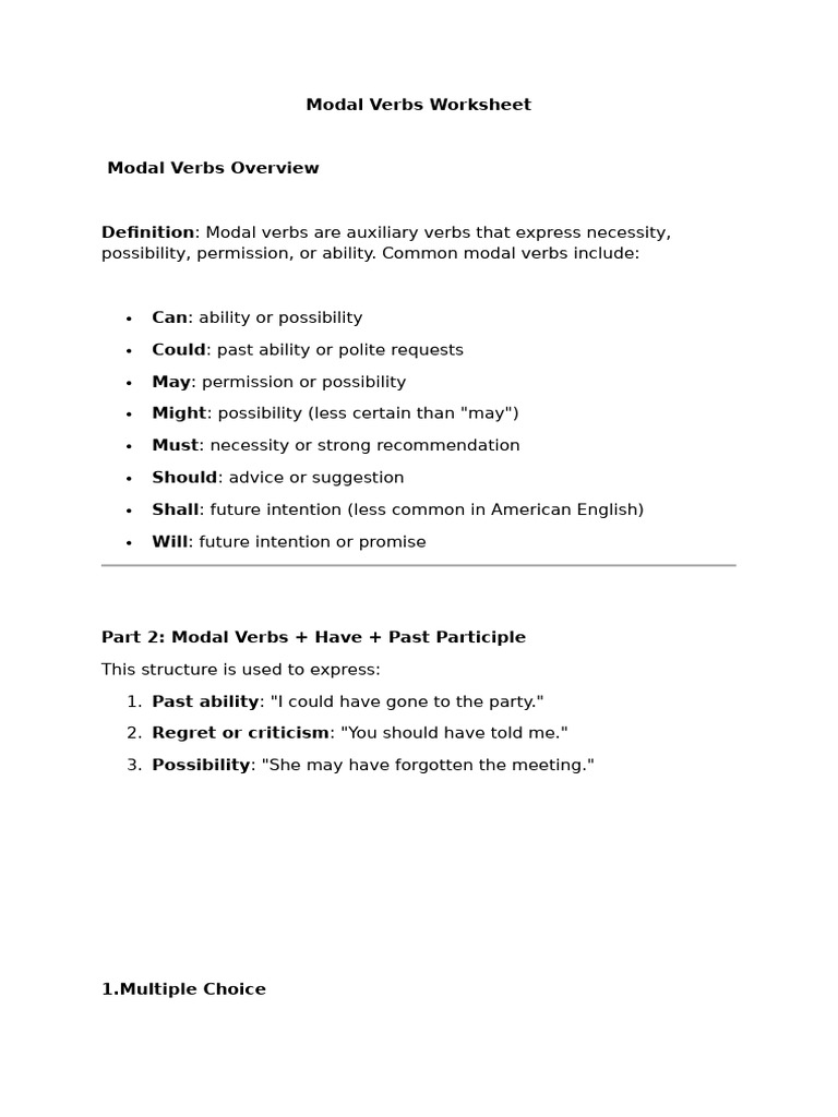 Modal Verbs Worksheet for Practice | PDF | Verb | Linguistics